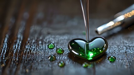 Poster - Liquid stream pouring into green heart-shaped droplet on dark wooden surface with small emerald water drops scattered around, macro photography.