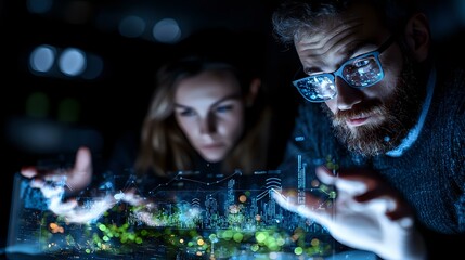 Poster - Young professionals examining glowing futuristic holographic city model in dark room, innovative urban planning and smart technology concept for architecture.