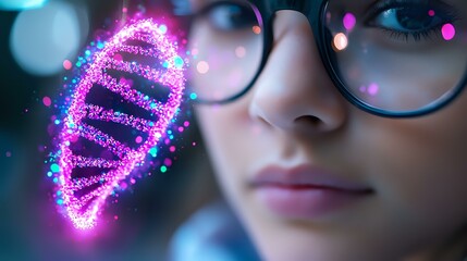 Poster - Young Asian woman in glasses looking at glowing pink DNA helix structure with sparkles and bokeh lights in dark scientific laboratory background.