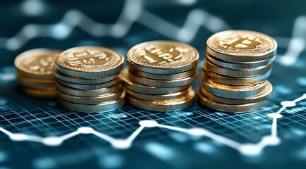 Poster - Stacks of golden cryptocurrency coins on financial chart background showing market trends and trading data. Digital money concept for finance design.
