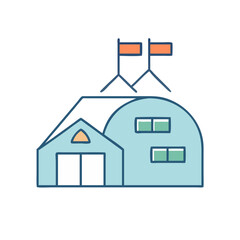 Poster - Stylized Illustration of Modern Industrial Buildings with Rooftop Flags, Simplified Design