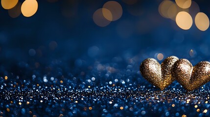 Poster - Golden heart decorations on dark blue glittery background with bokeh lights and copy space, romantic holiday celebration concept for Valentine's Day or wedding design.
