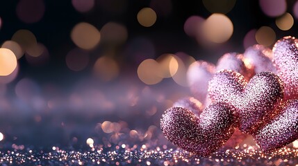 Poster - Pink glittery hearts with romantic bokeh lights on dark background, soft focus sparkles and magical glow create dreamy Valentine's Day atmosphere.