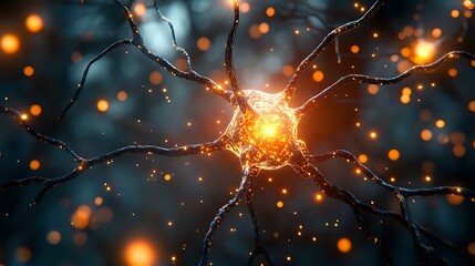Aufkleber - Glowing neuron cell with synaptic connections on dark background with orange light particles, scientific visualization for medical and educational concepts.