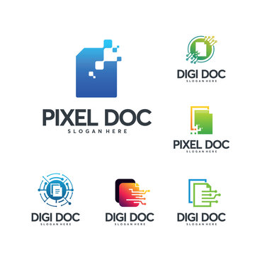Set of Digital Document logo designs concept vector, Pixel Document logo template, technology Data Icon logo