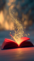 Poster - Open red book with magical golden light and sparkles rising from pages against dark background, creating mystical atmosphere for fantasy and education concepts.