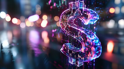 Poster - Glowing dollar symbol with neon blue and pink lights against blurred urban nightscape background, digital financial technology concept for banking and economy.