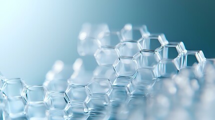 Poster - Crystalline hexagonal molecular structure in soft blue tones with selective focus and depth of field, representing scientific research and innovation.