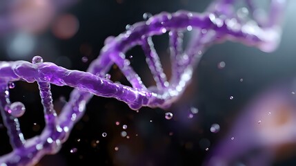 Poster - Purple glowing DNA strand with water droplets on dark background, genetic research concept with bokeh lights and molecular structure visualization.