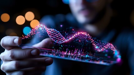 Poster - Glowing DNA helix hologram floating above scientist's hand in dark laboratory with bokeh lights, showing advanced biotechnology and genetic research visualization.