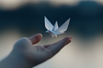 Poster - Delicate origami butterfly hovering above an outstretched palm against soft bokeh background, symbolizing freedom, hope and transformation in minimalist style.