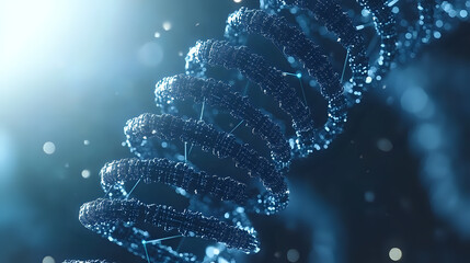 Poster - Glowing blue DNA helix structure with particles and bokeh effects on dark background, representing genetic research and biotechnology advancement in medicine.