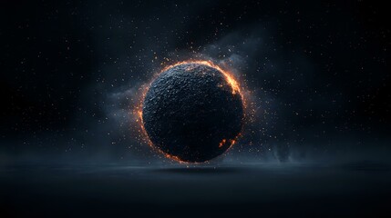 Poster - Mysterious dark sphere with glowing orange energy ring floating in misty cosmic space, creating dramatic atmospheric sci-fi scene against starry background.