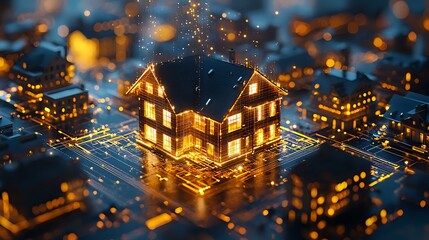 Poster - Glowing miniature house on circuit board with warm lights and bokeh effects creates magical atmosphere for real estate and smart home technology concepts.