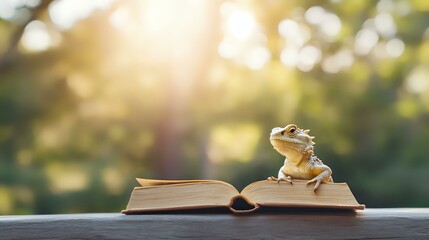 Poster - Small frog sitting on open book pages against blurred natural background with sunlight, creating magical reading atmosphere in garden setting.