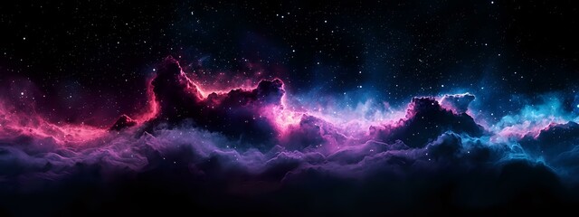 Poster - Vibrant cosmic panorama featuring pink and blue nebula clouds against dark space background, creating dramatic celestial landscape for astronomy and space designs.