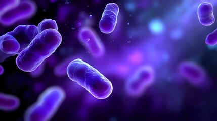 Poster - Glowing purple bacteria cells floating in dark space with blue light effects, microscopic view of microorganisms in scientific research environment.