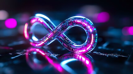Poster - Glowing infinity symbol with pink and blue neon lights on dark reflective surface with bokeh effects in background, modern futuristic design concept.