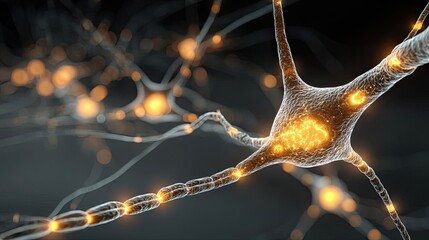 Aufkleber - Dopamine regulation and pathway disruption concept. Close-up of a neuron with glowing synapses and intricate details.