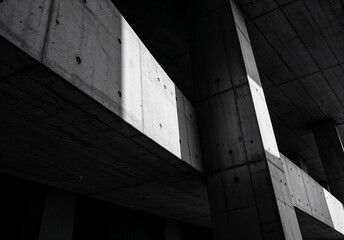 Poster - abstract background with geometric concrete architectural shapes on dark background . Generative AI