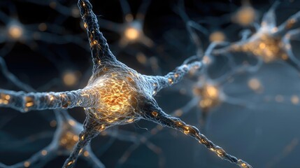 Poster - Neurotransmitter imbalance affects dopamine pathway concept. Close-up view of glowing neurons in a neural network.