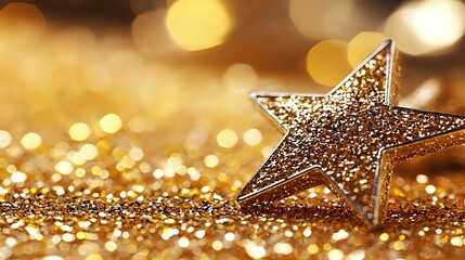 Poster - Golden glittering star decoration on sparkling background with bokeh lights and shimmering particles, festive holiday celebration atmosphere.