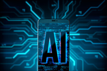 Aufkleber - Smartphone screen displaying AI text with digital circuit background symbolizing artificial intelligence and future technology concept. 3D Rendering