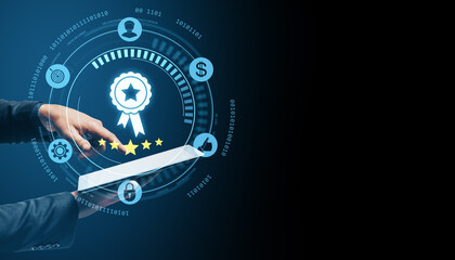 Aufkleber - Businessman using tablet to access digital quality certification system with holographic compliance and approval icons on dark background.