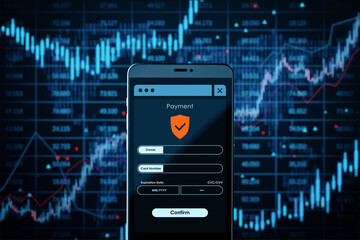 Poster - Secure online payment form displayed on smartphone screen over digital financial chart background showing market growth and currency trends. 3D Rendering