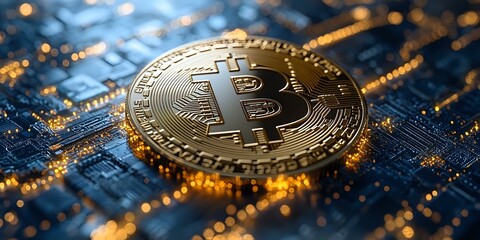 Poster - Golden cryptocurrency coin on circuit board with glowing lights and bokeh effects, representing digital finance and blockchain technology.