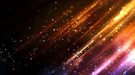Poster - Diagonal golden light streaks with glowing particles and bokeh effects on dark background create dynamic motion and energy for festive designs and backgrounds.