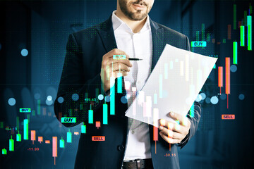 Aufkleber - Businessman analyzing financial market chart holding paper with digital forex graph overlay in office background, representing stock analysis concept.