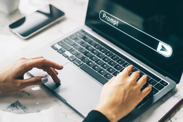 Poster - Hands typing on laptop with glowing prompt bar on screen, symbolizing artificial intelligence application in modern online workspace environment.