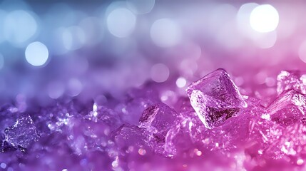 Poster - Sparkling ice crystals on glittering pink and blue bokeh background with soft focus effects create magical winter atmosphere. Macro photography of frozen structure.
