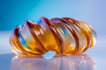 Poster - Twisted amber glass spiral shape with smooth curves and reflective surface against blue gradient background creates dynamic abstract composition.