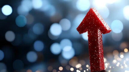 Poster - Red glittery arrow pointing upward against blurred bokeh background with sparkles and light effects, representing growth, success and positive direction.