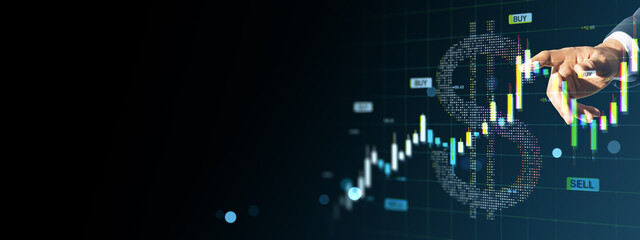 Poster - Businessman's hand touches stock chart with digital dollar sign and buy sell indicators on dark background showing financial market growth concept.