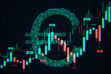 Poster - Digital euro symbol with forex candlestick chart and trading signals on dark grid background representing currency exchange and financial analysis. 3D Rendering