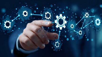 Poster - Businessman pointing at glowing gear network on dark background with bokeh effect, representing digital transformation and business automation process.