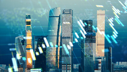 Poster - Modern skyscrapers with stock market chart overlay symbolizing global financial growth, trade, and investment in a digital economy background.