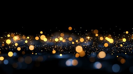 Poster - Glowing golden and blue bokeh lights scattered across dark background creating magical atmosphere, suitable for festive designs and holiday backgrounds.