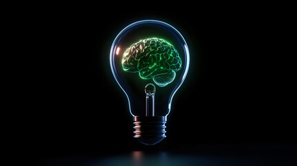 Aufkleber - Glowing green brain inside light bulb on dark background symbolizing innovation, creative thinking and bright ideas in neuroscience and artificial intelligence.
