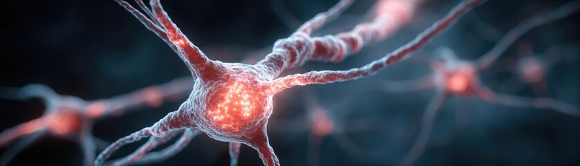 Poster - Dopamine regulation and pathway disruption concept. Close-up view of interconnected neurons with glowing elements.