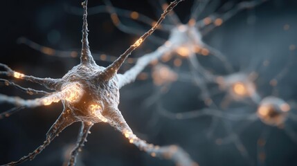 Poster - Dopamine regulation and pathway disruption concept. Close-up of glowing neurons showcasing intricate neural networks.