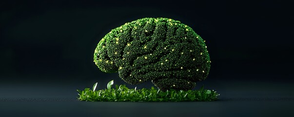 Poster - Green glowing brain made of small particles on dark background with grass, symbolizing artificial intelligence, consciousness and neural networks.