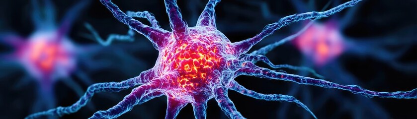 Poster - Dopamine regulation and pathway disruption concept. Colorful close-up of nerve cells illustrating neural connections.