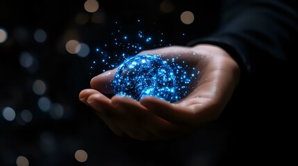 Poster - Glowing blue magical sparkles and light particles floating above open palm against dark background with bokeh effect, representing spiritual energy and wonder.