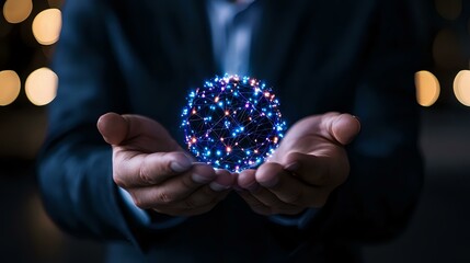 Poster - Glowing blue sphere of light particles floating between hands against dark background with bokeh lights, creating magical atmosphere for spiritual concepts.