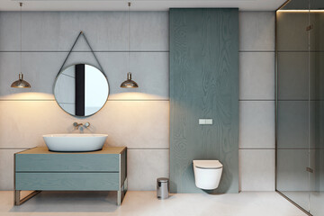Poster - Modern minimalist bathroom interior with elegant sink, wall-mounted toilet, stylish mirror, and glass shower partition in cozy grey design. 3D Rendering