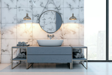 Poster - Modern minimalist bathroom interior with marble wall tiles, large mirror, vessel sink, and city view through window creating a luxurious ambiance. 3D Rendering